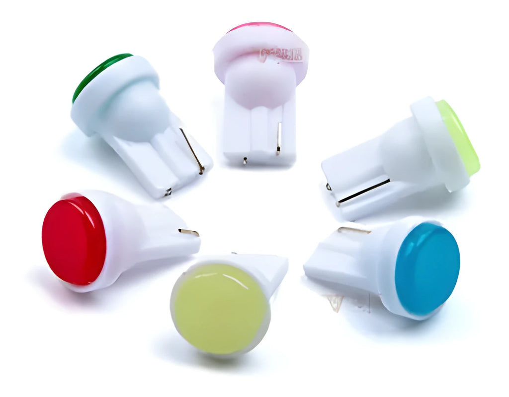 T10 12V COB LED automotive indicator bulb in six colour options showing compact 2cm size