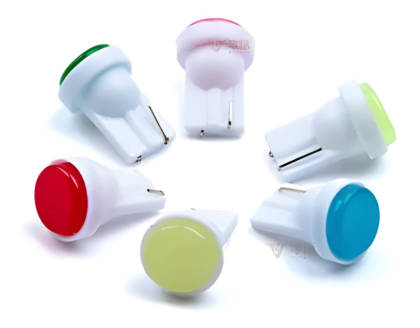 T10 12V COB LED automotive indicator bulb in six colour options showing compact 2cm size
