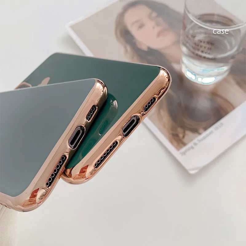 Solid colour TPU phone case for iPhone shown in blue, claret, pink, and green options