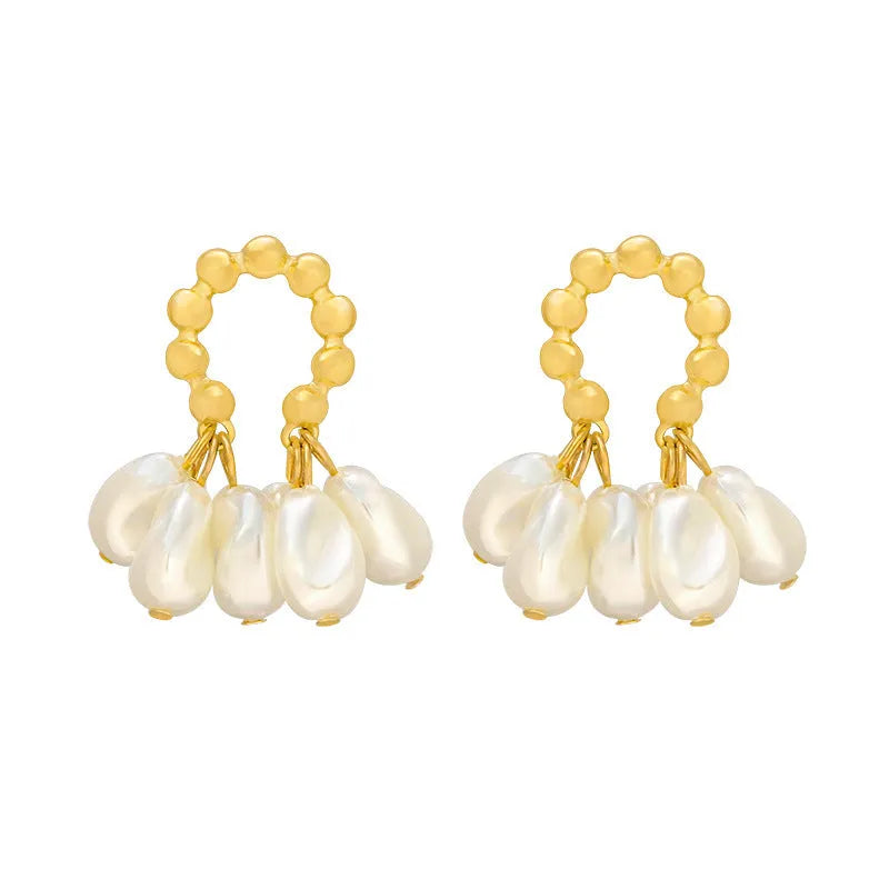 Female baroque pearl dangle drop earrings with silver or gold plated alloy finish and mosaic pearl colour