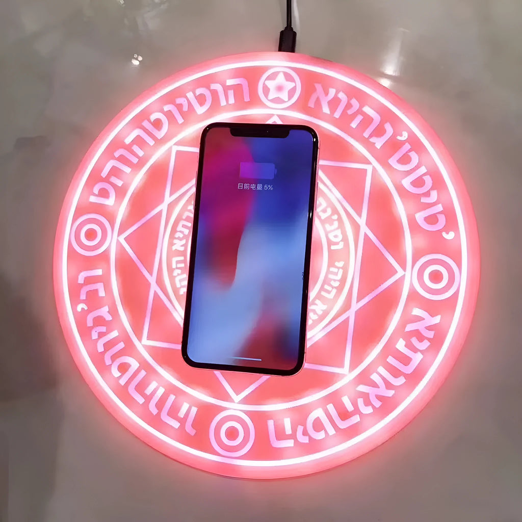 10W fast wireless charger with magic array LED glowing pattern on an ultra-thin black ABS base.