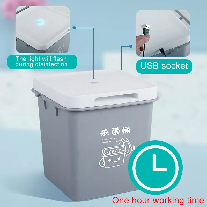 Grey UV sterilisation cabinet with 4L capacity and USB power, showing interior with phone and mask inside