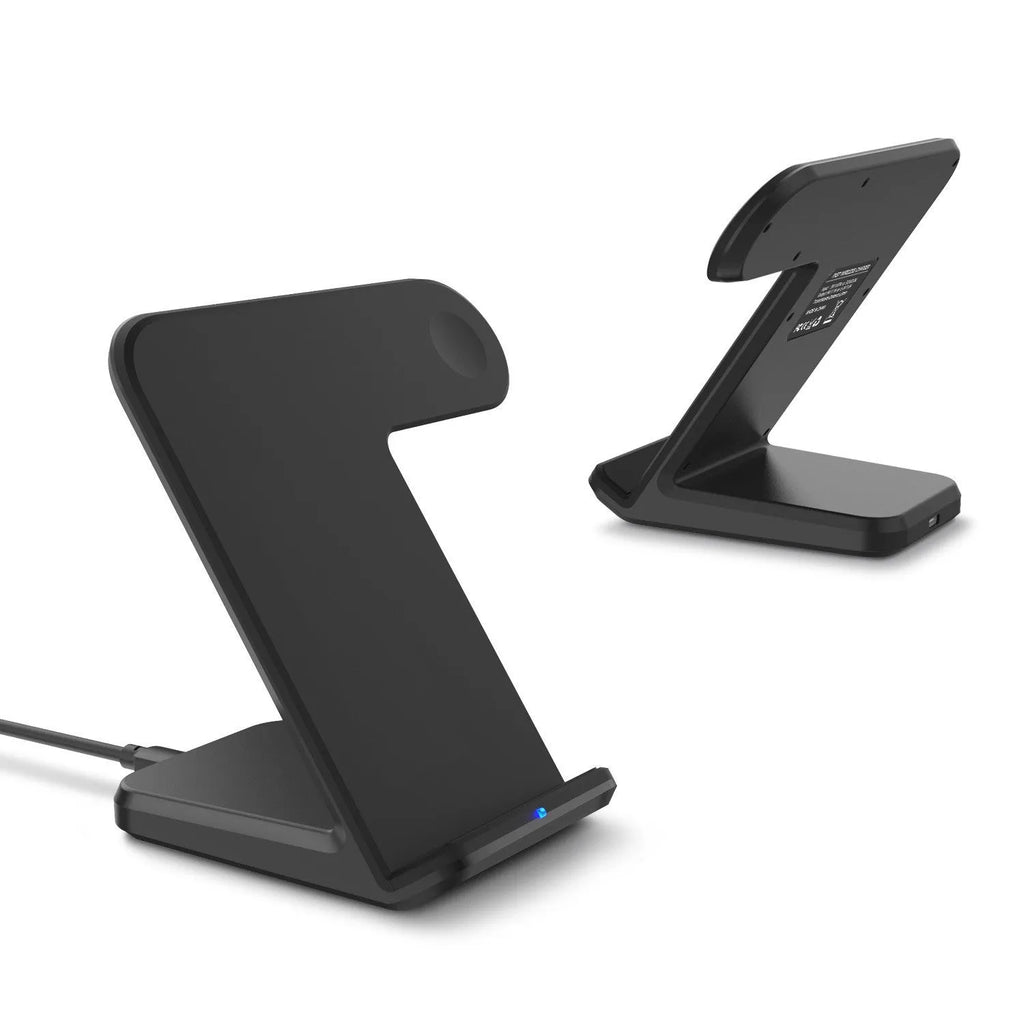 Black and white wireless phone charger with Type-C cable on a desk