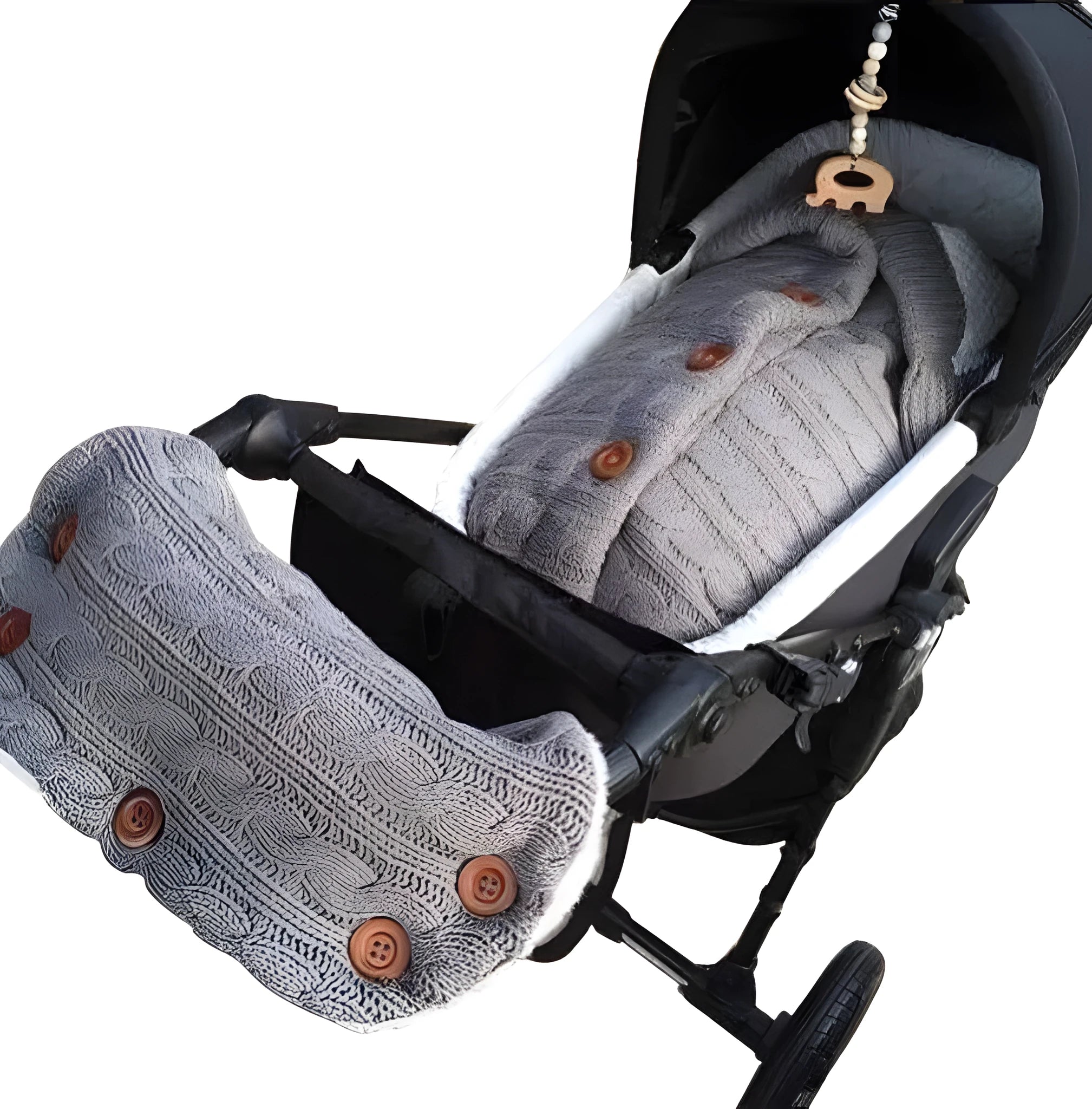 Baby sleeping bag in beige with lamb wool and acrylic material, button opening, and matching gloves on pram