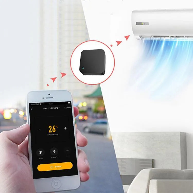 Black universal infrared remote control with voice operation for air conditioning and TV control