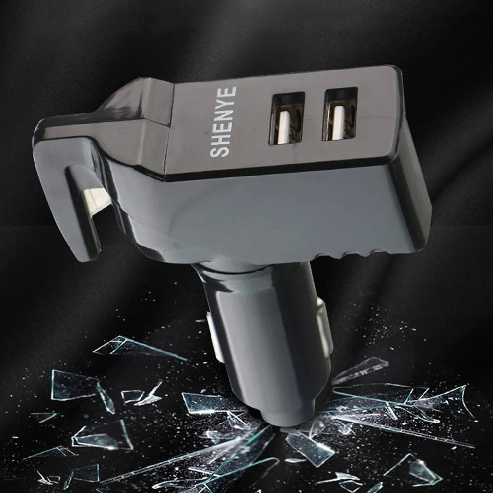 Black car safety hammer with seatbelt cutter and steel window-breaking tip on a light background