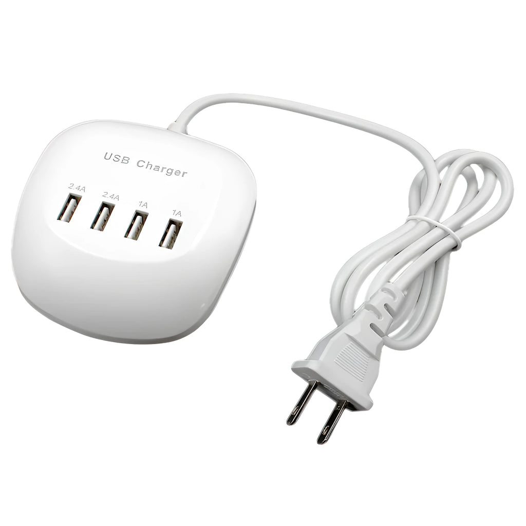 A white USB wall charger with selectable EU or US plug styles, showing the USB-A output port.