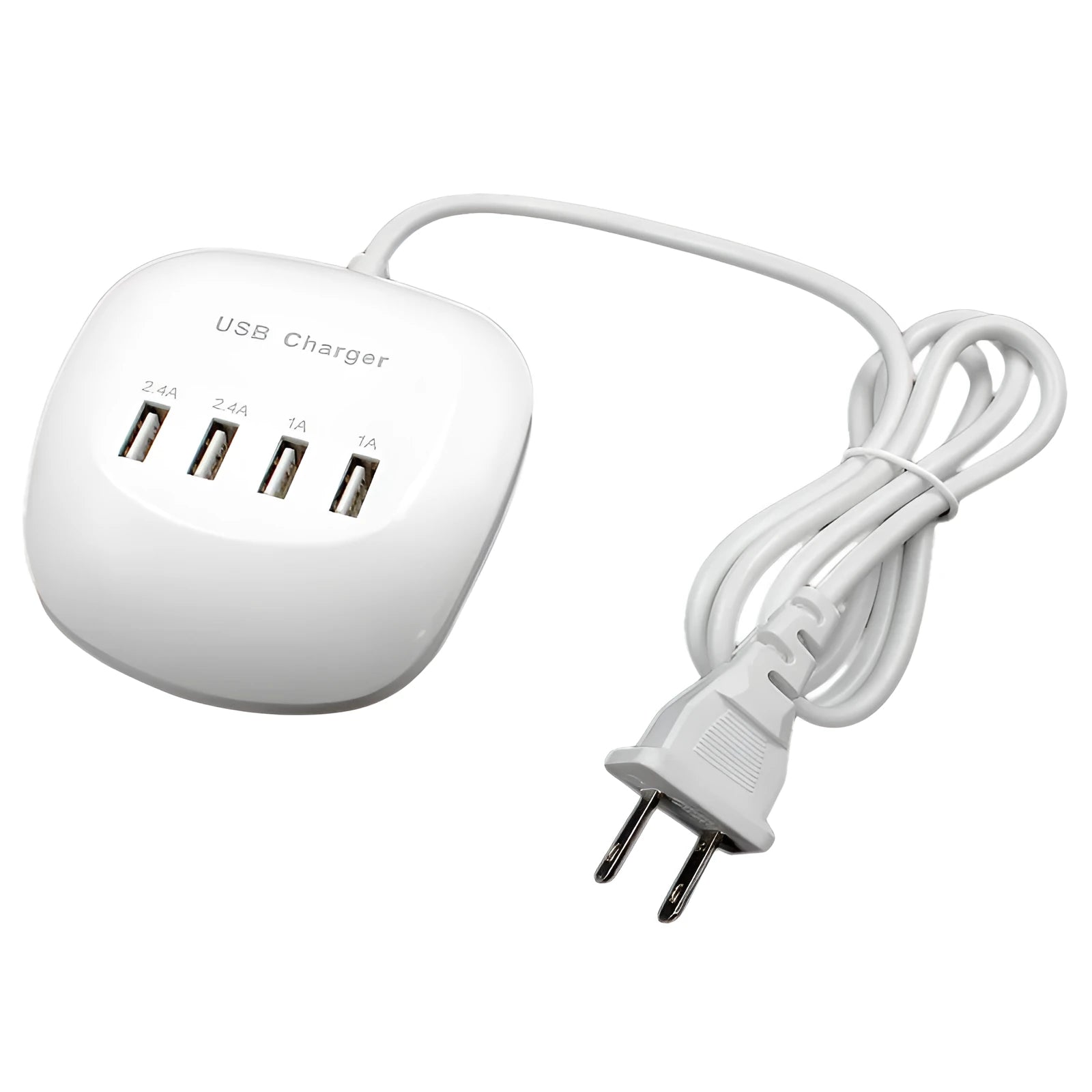 A white USB wall charger with selectable EU or US plug styles, showing the USB-A output port.