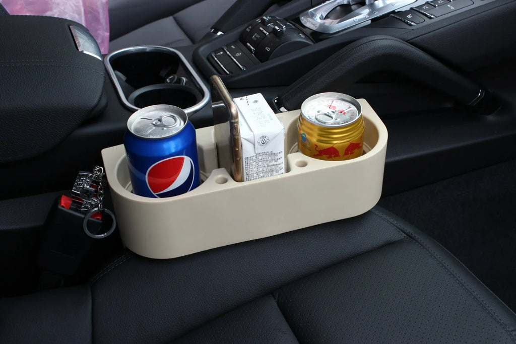 PP plastic car cup holder with two cup seats and sundries compartment in black, 21x28x10cm, for seat back mounting