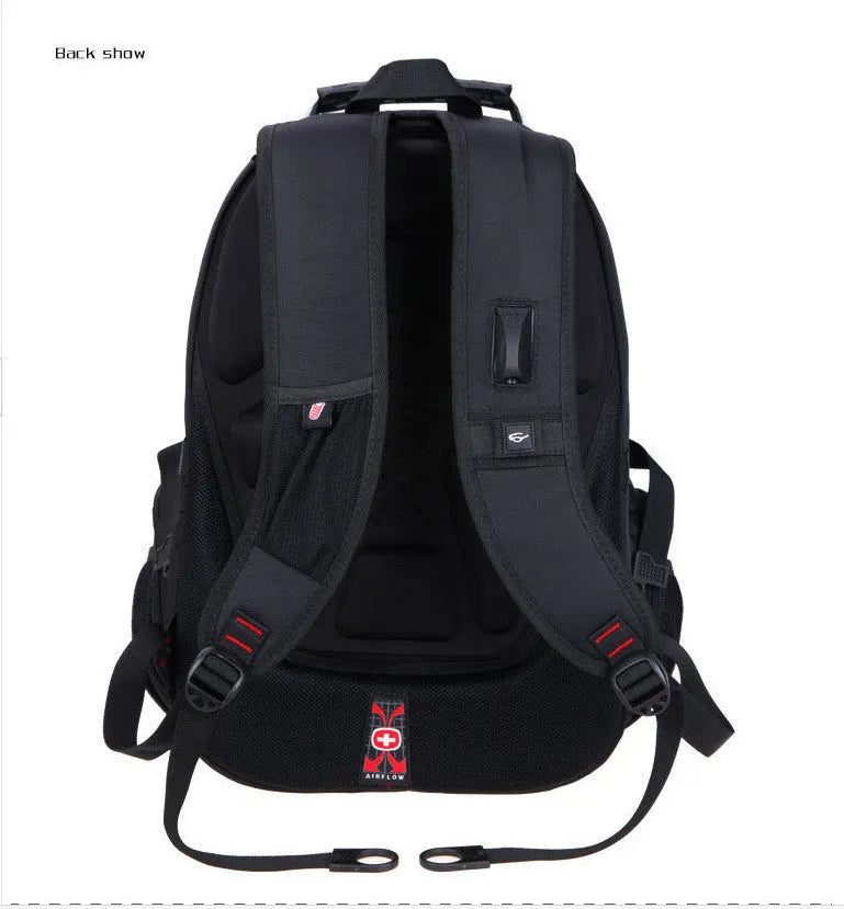 Black travel outdoor backpack with metal hardware and polyester construction, waterproof and breathable design