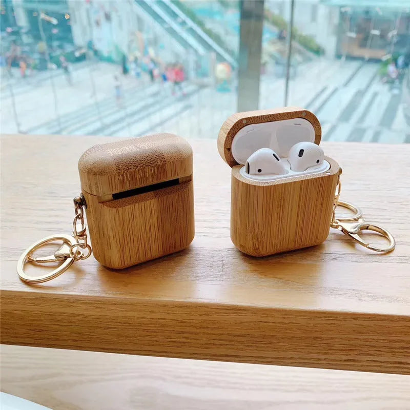 Bamboo AirPods cover with carbonised wood grain finish for generation 1 and 2 models
