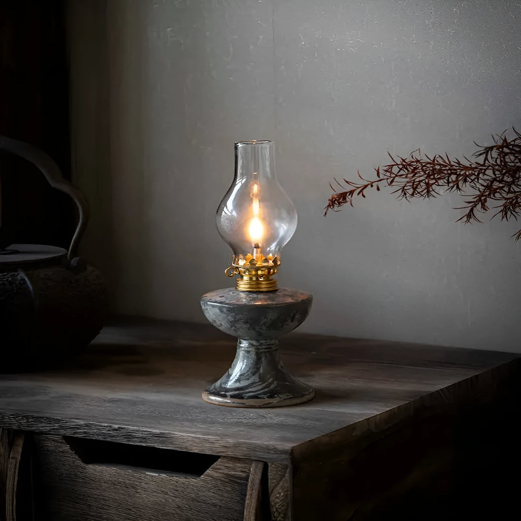 Retro split design decorative night light antique handmade kerosene lamp black Shino underglaze finish 23.8cm height on wooden shelf