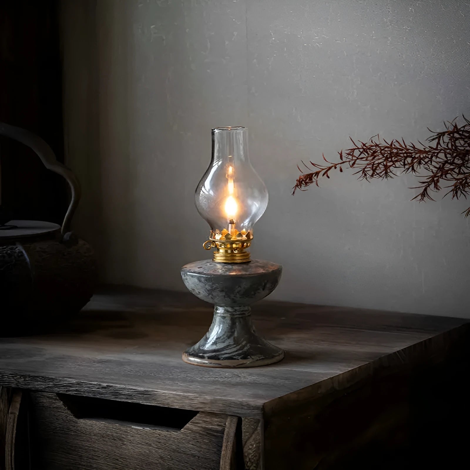 Retro split design decorative night light antique handmade kerosene lamp black Shino underglaze finish 23.8cm height on wooden shelf