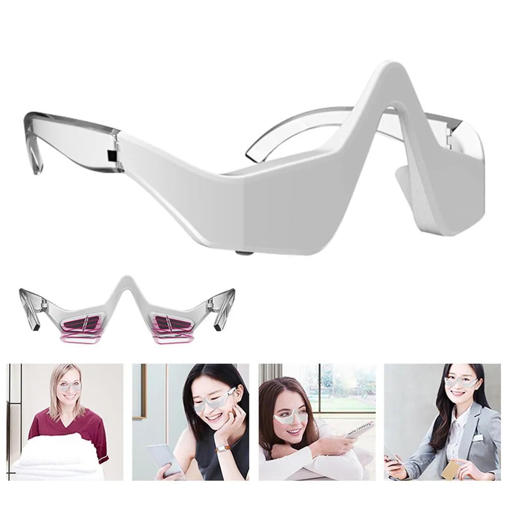 Pink and white micro-current eye massager with glasses-style design on a stand.