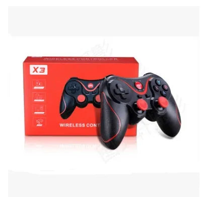 Black and white X3 version wireless Bluetooth game controller for Android phones with mobile phone clip.