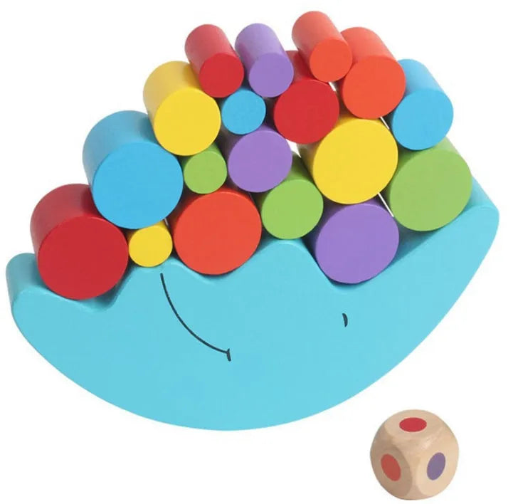 Wooden moon balance game with yellow and blue pieces for children 2-4 years old