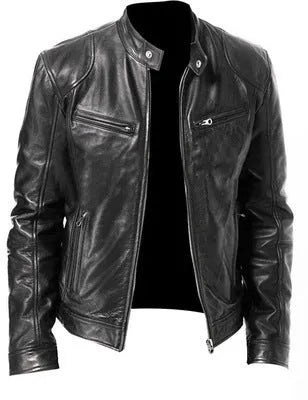 PU leather jacket slim fit zipper front in Black for men