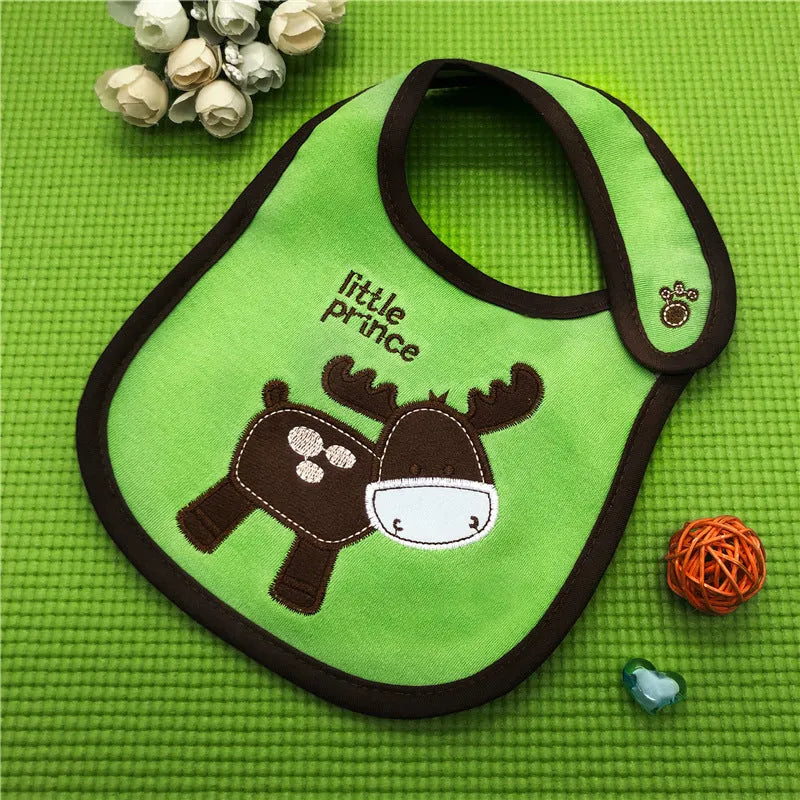 Three-layer waterproof polyester cotton baby bib with cartoon animal pattern in blue car design