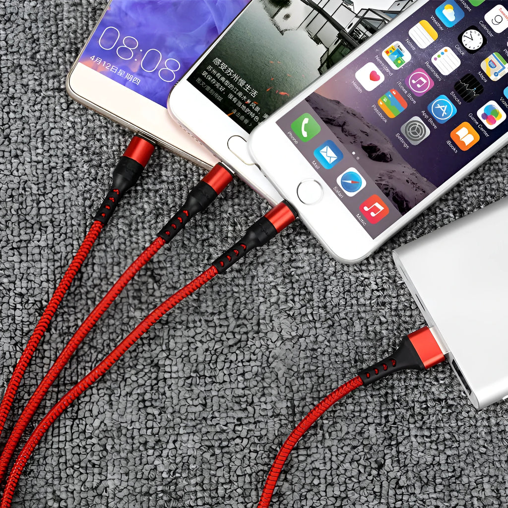 Three-in-one charging cable in black with Apple, Android, and Type-C connectors on a plain background