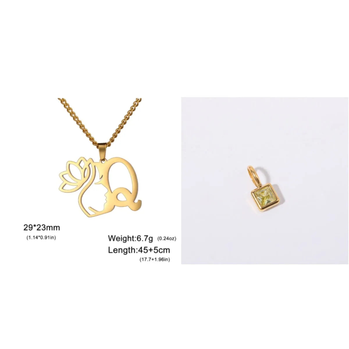 Gold electroplated stainless steel necklace with a cross chain and a letter 'A' pendant on a white background.