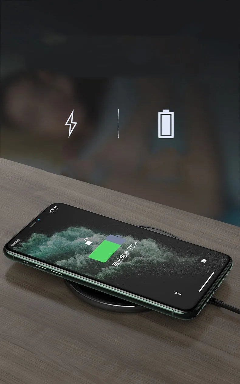 Black circular Kuulaa KL-CD16 wireless disc charger for mobile phones with LED indicator