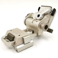Aluminium tactical helmet dumper bracket in black, shown next to a silver and brown version