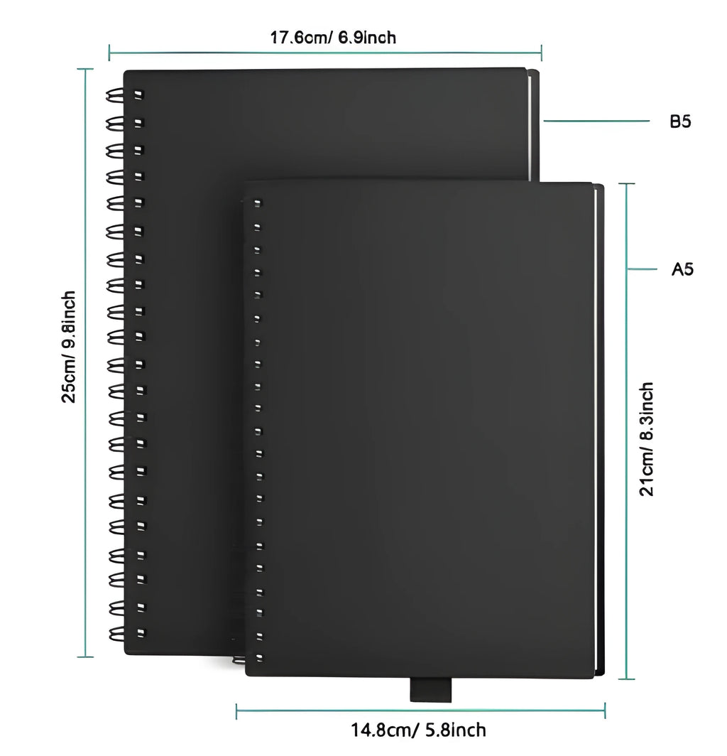 Rewritable paper notebook B5 size black PP cover spiral binding with erasable pen and app backup