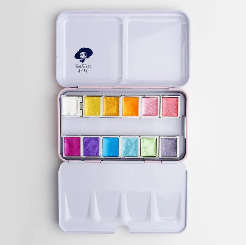 Open palette showing 12 solid pearl watercolour pans in a plastic case with a clear lid.