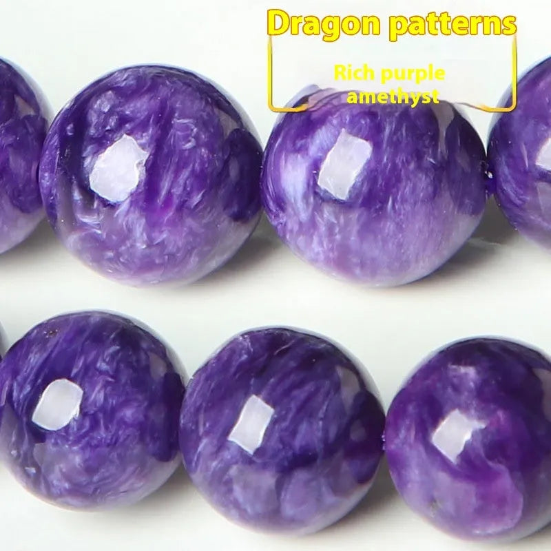 Natural transparent charoite crystal bracelet with platinum setting, shown in different bead sizes.