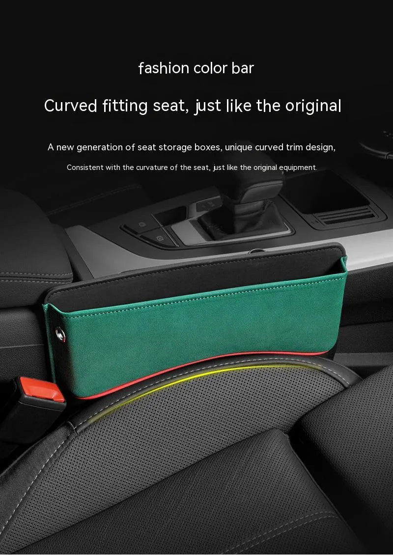 Leather car seat storage box with suede finish in beige, black, brown, green, or red.