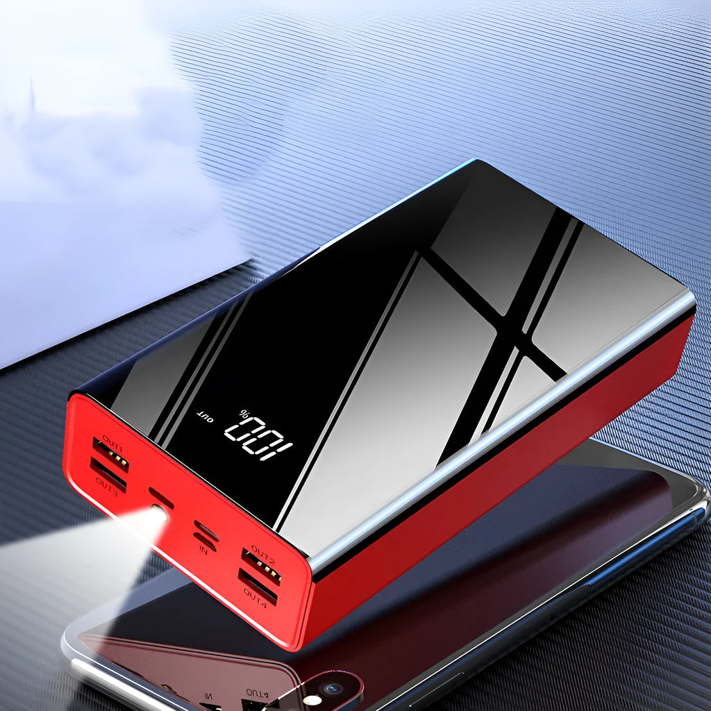 Large 40000mAh portable power bank with LCD screen in red or black colour.