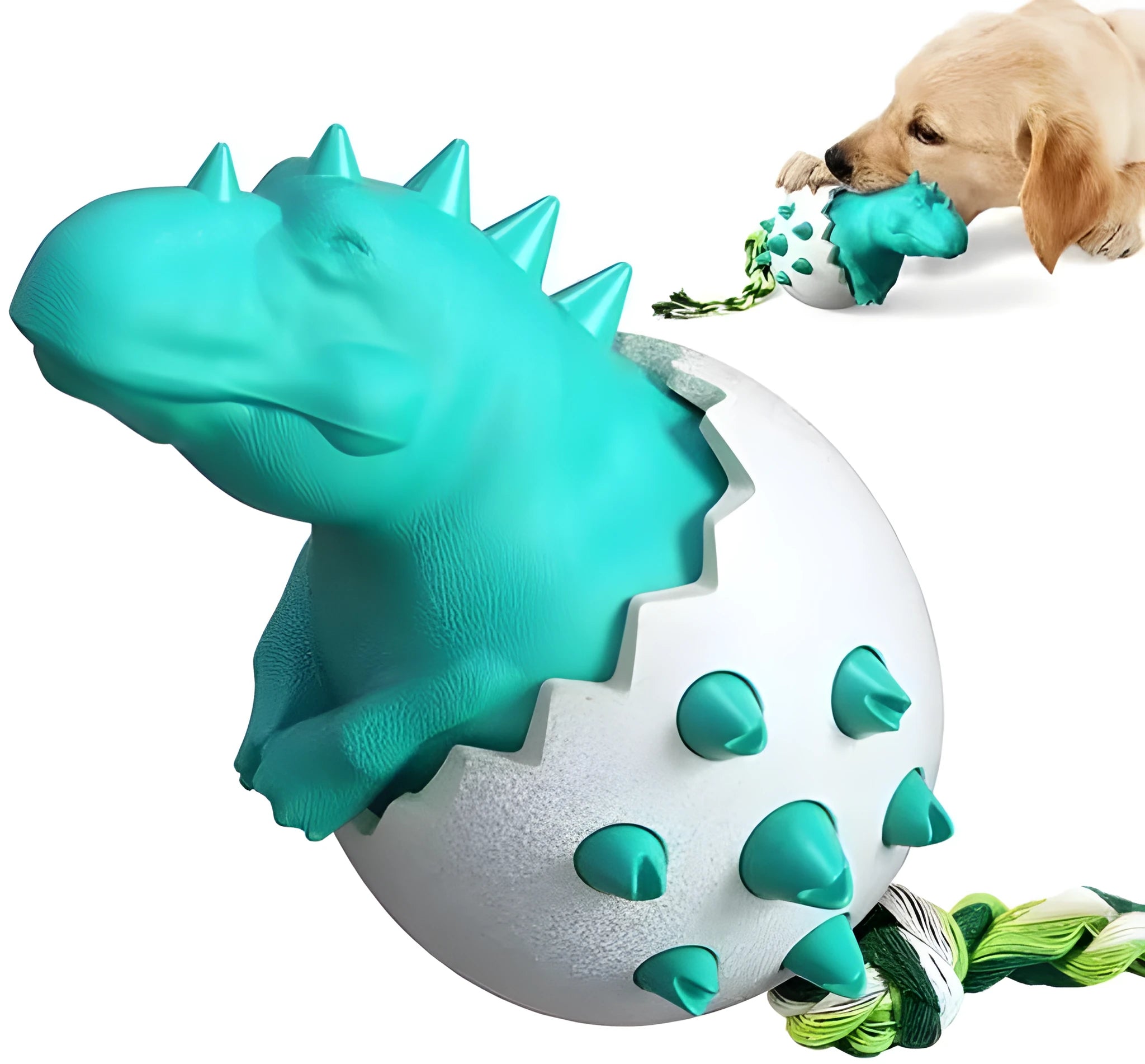 Blue dinosaur-shaped dog chew toy with textured nubs and an attached rope for aggressive chewers.