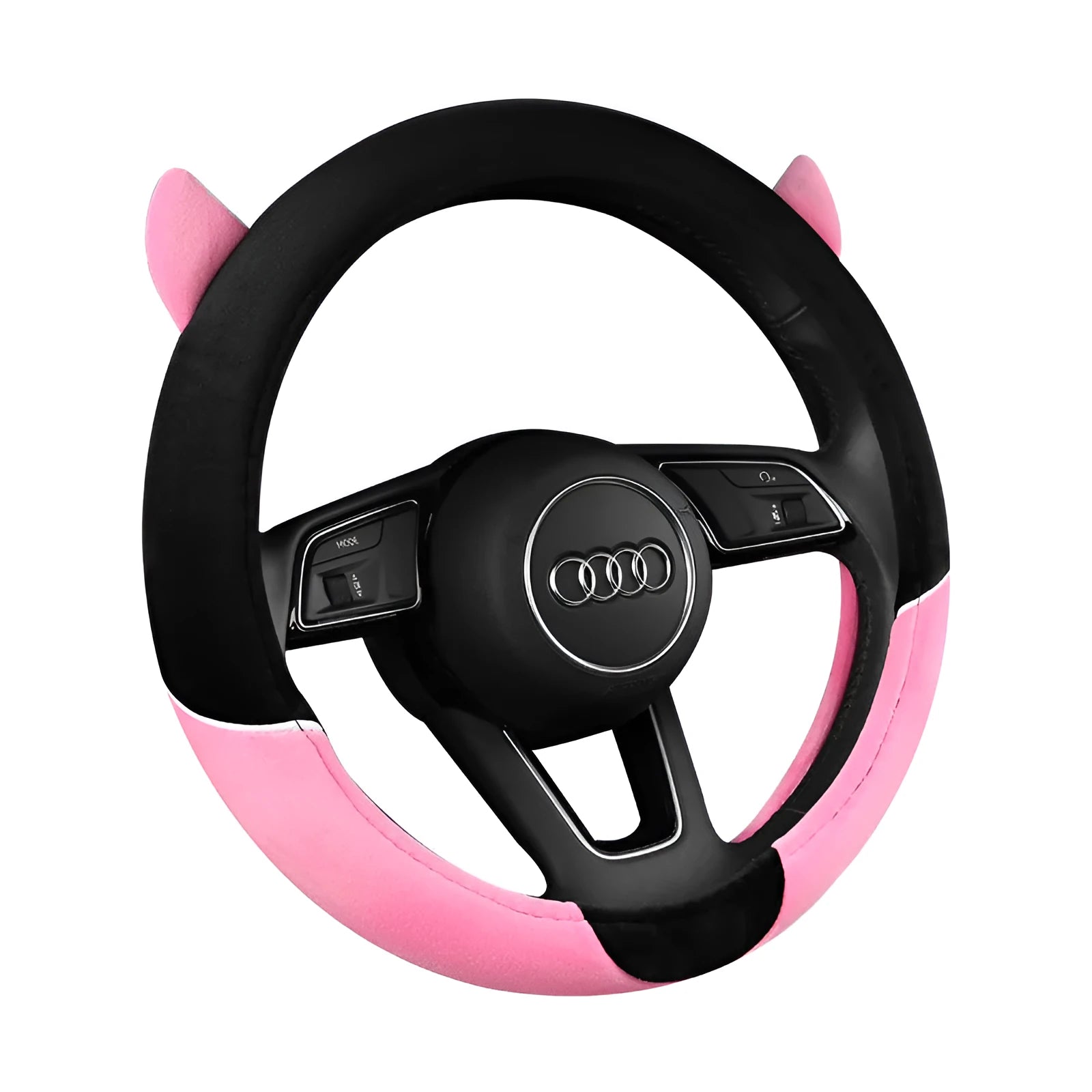 Plush cartoon steering wheel cover in black grey colour, designed for most car models, with soft fabric texture