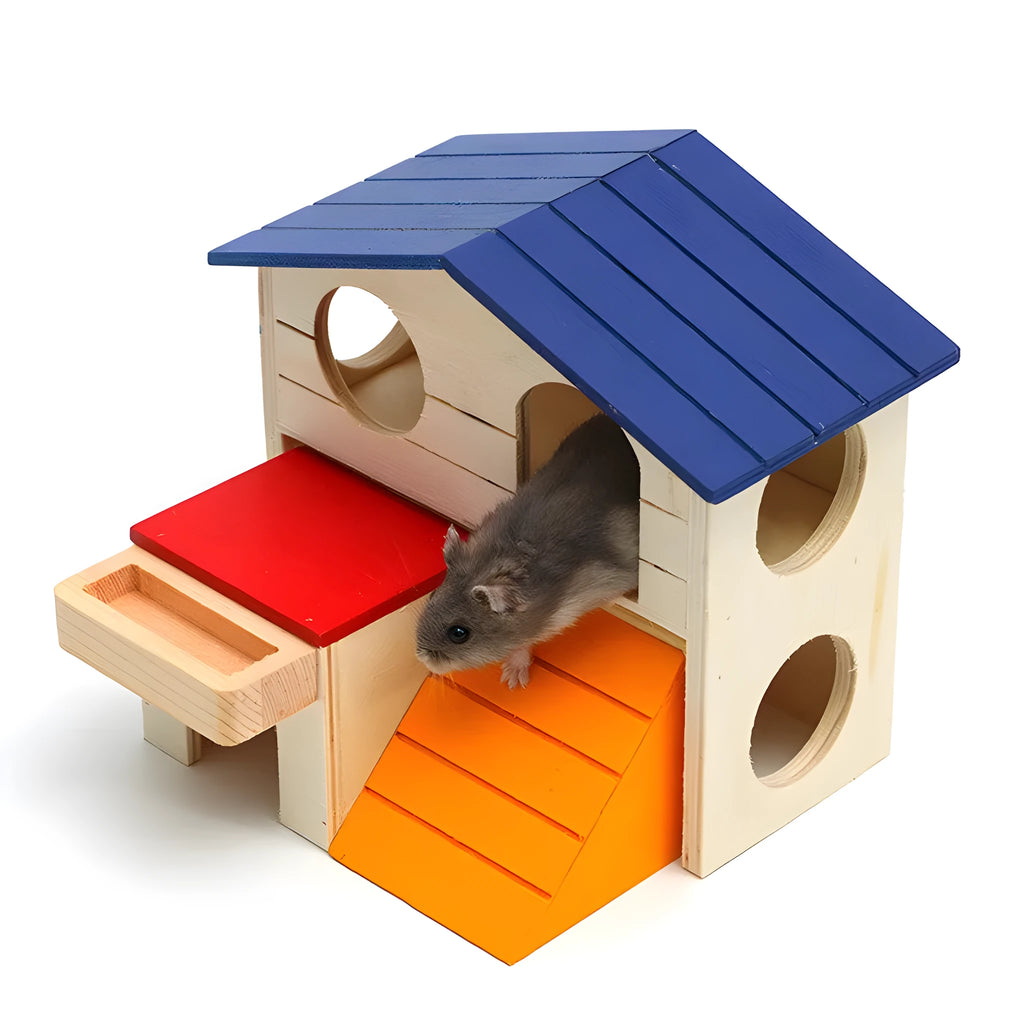 Blue-roofed wooden hamster chalet hideout and gnawing toy for small pets.