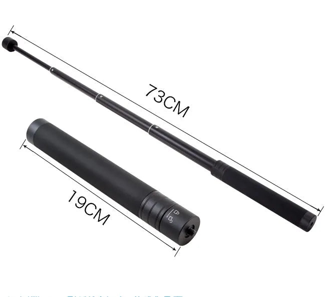 Retractable metal selfie stick with rubberised grip handle and smartphone mount, shown extended.