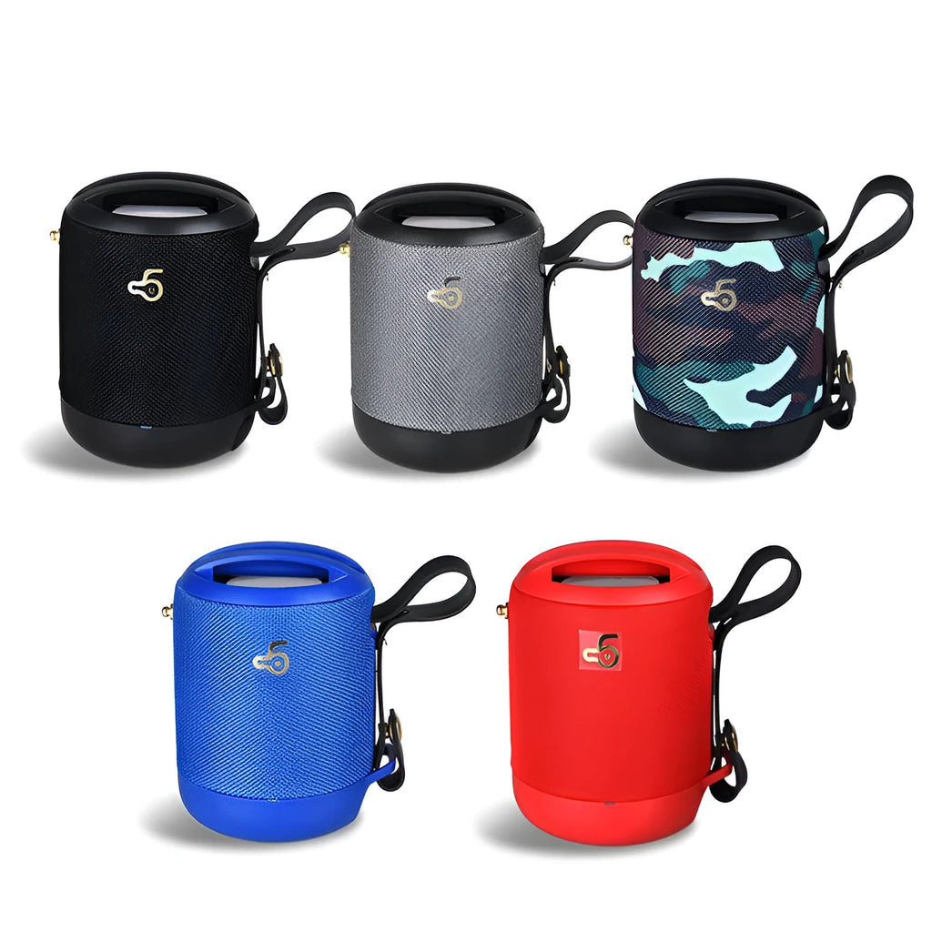 Small black portable Bluetooth speaker with carrying handle, showing FM radio and card slot features.