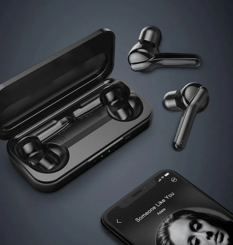 Black and white true wireless earbuds with charging case, showcasing compact plastic design for Bluetooth audio