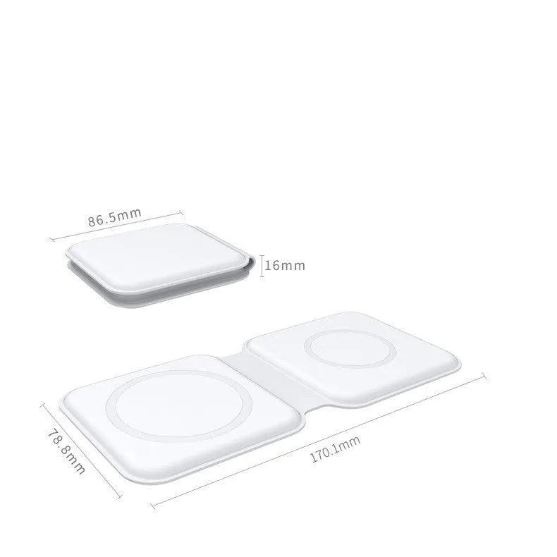 White magnetic wireless charging dock folded into a stand, charging a smartphone.