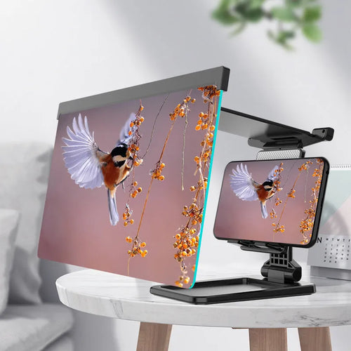 Black foldable mobile phone screen amplifier and detachable holder set up on a desk.