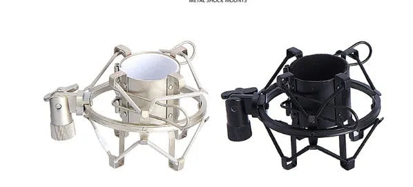 BM800 condenser microphone set in black with metal shock mount and cantilever bracket on a desk