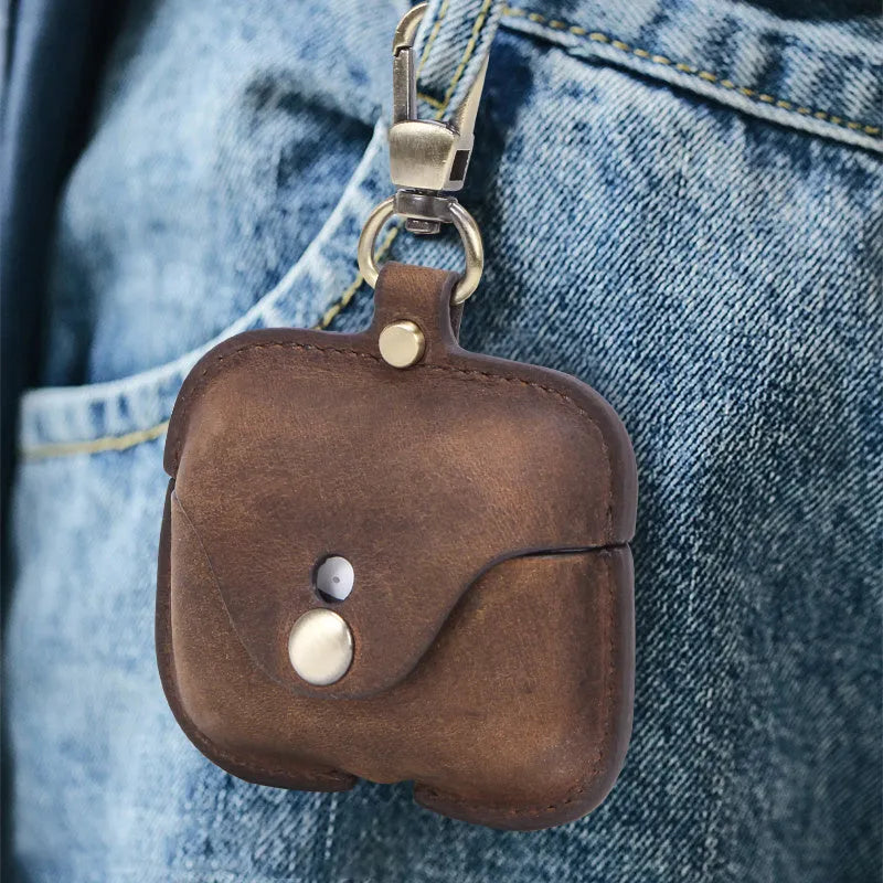 Brown leather clamshell case cover for Apple AirPods Pro with a vintage crazy horse pattern texture.