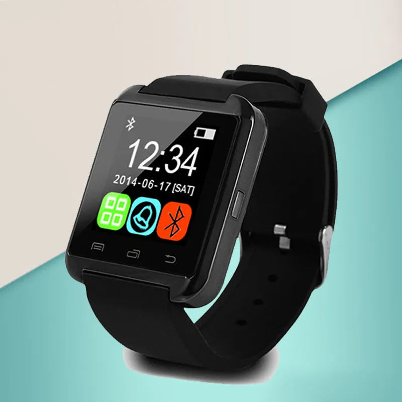 U8 Smart Bluetooth Watch in black, red, or white colours on a wrist.