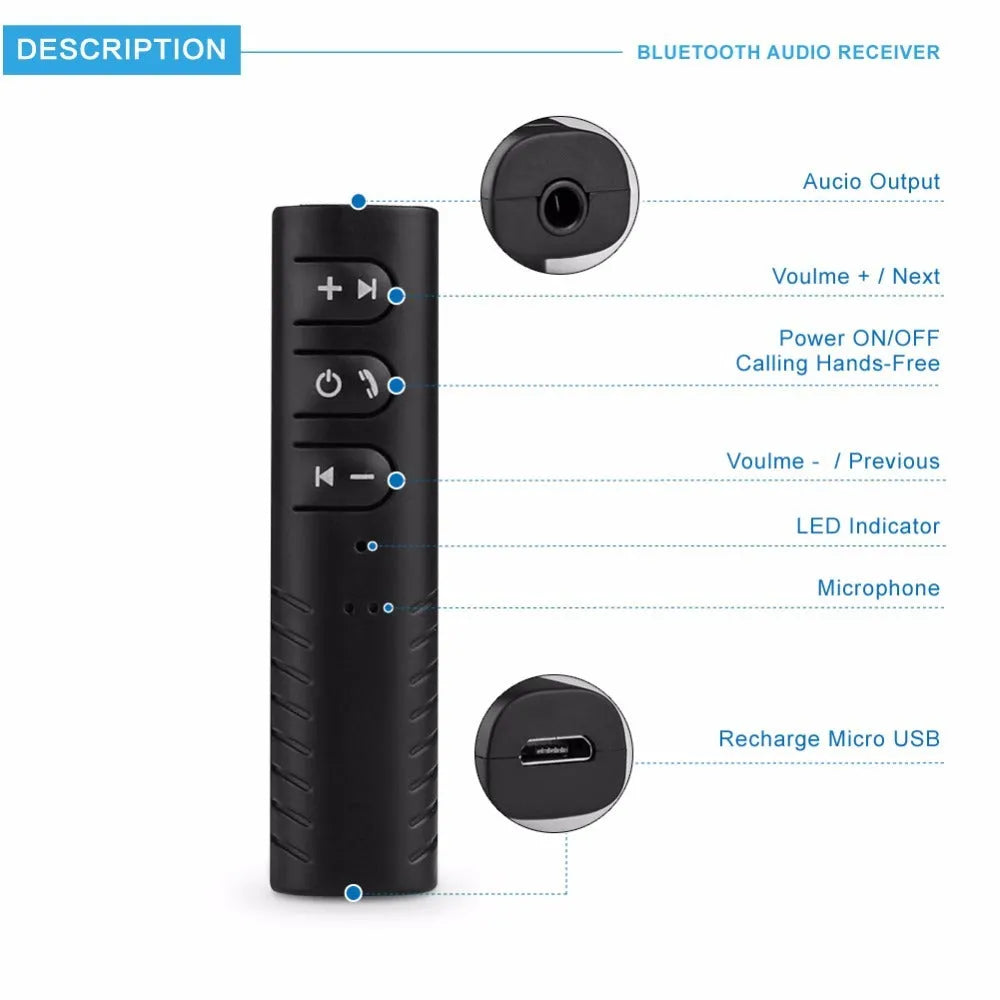 Black Bluetooth car audio adapter with 3.5mm connection for wireless music streaming