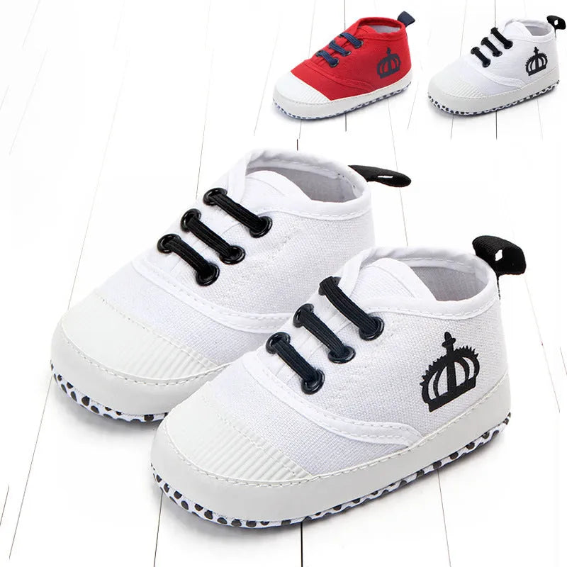 Cotton canvas baby shoes with elastic band in red and white colours