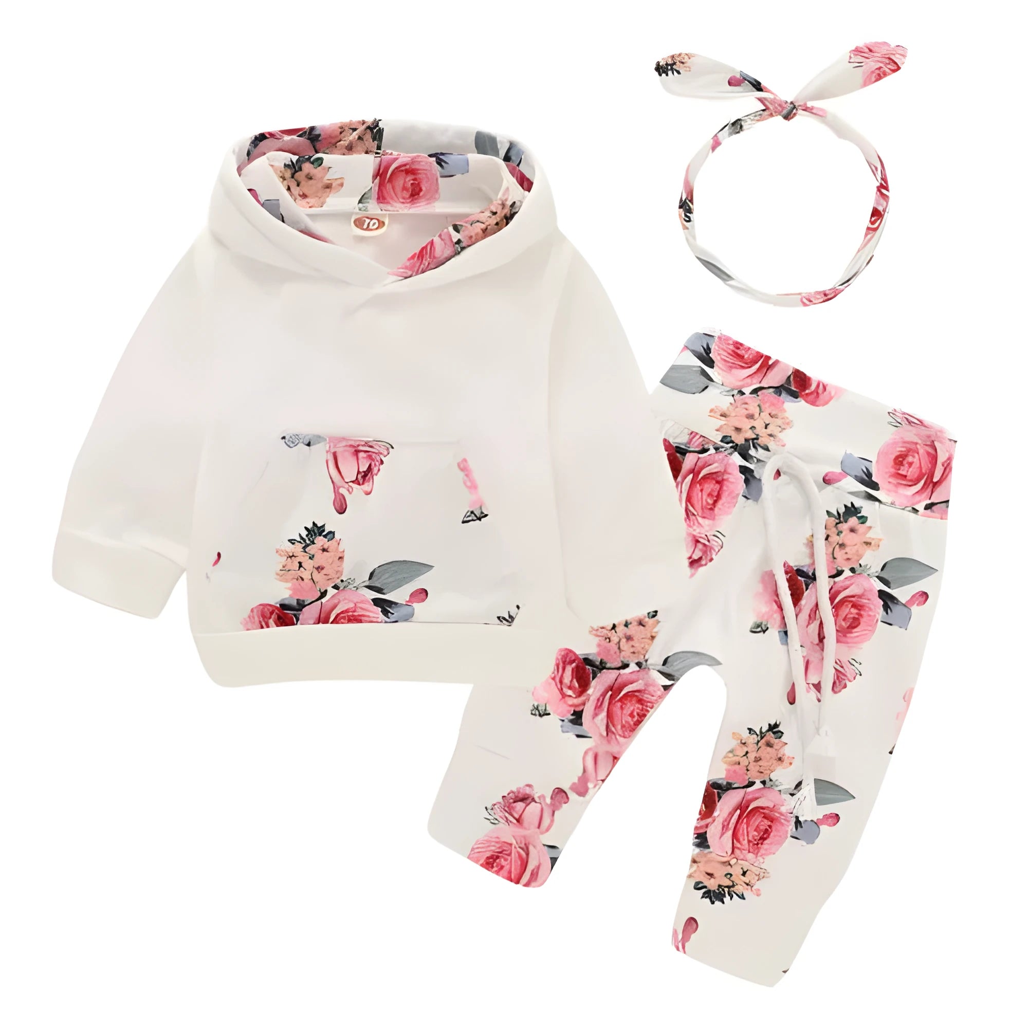 White cotton hooded romper suit for a baby girl with long sleeves and trouser legs.