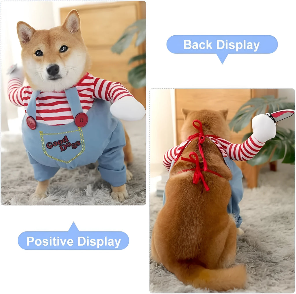 Striped Halloween harness pants costume set for dogs and cats with removable knife accessory