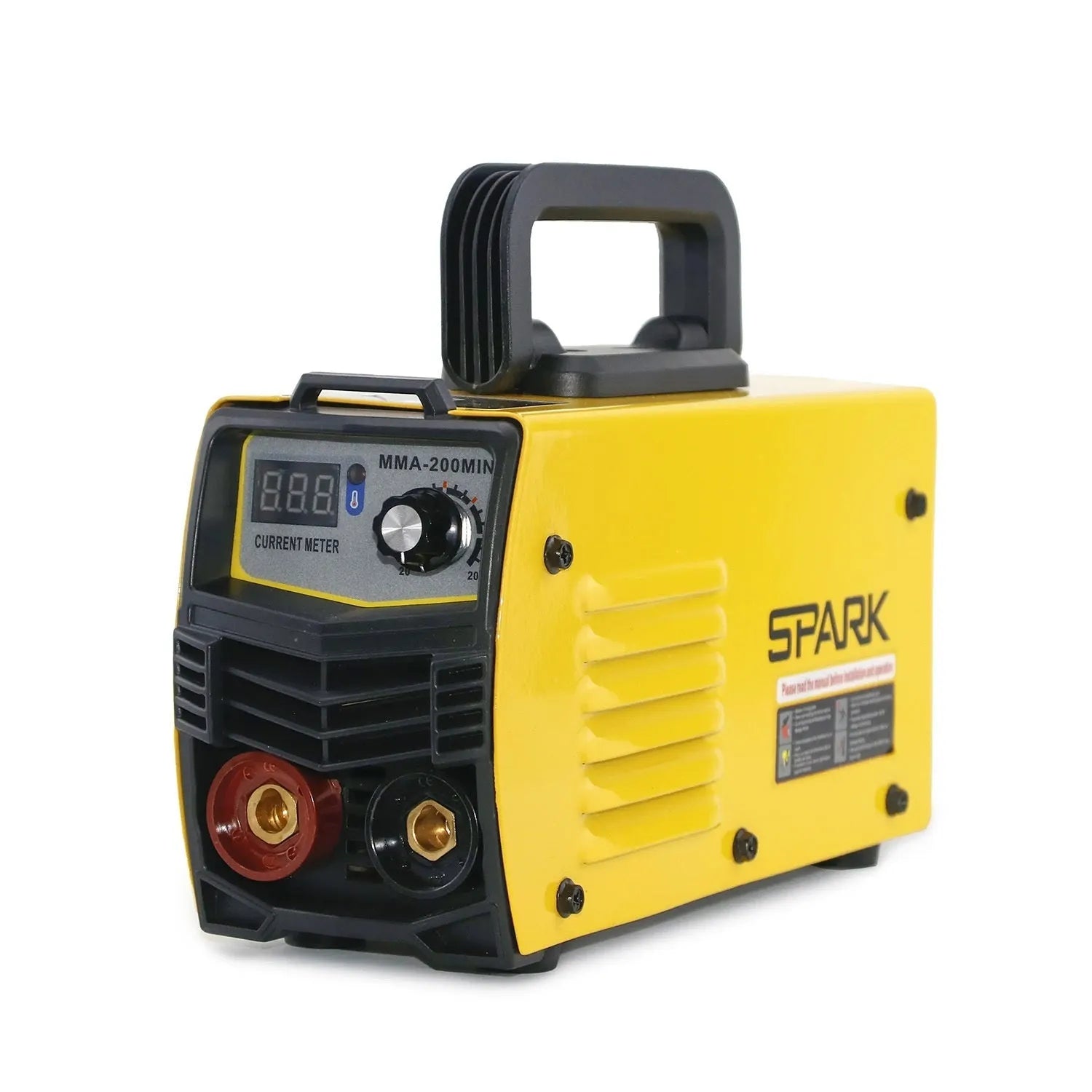 MMA-200MIN compact inverter DC welding machine with welding tongs, grounding clamp, and face shield on a workbench.