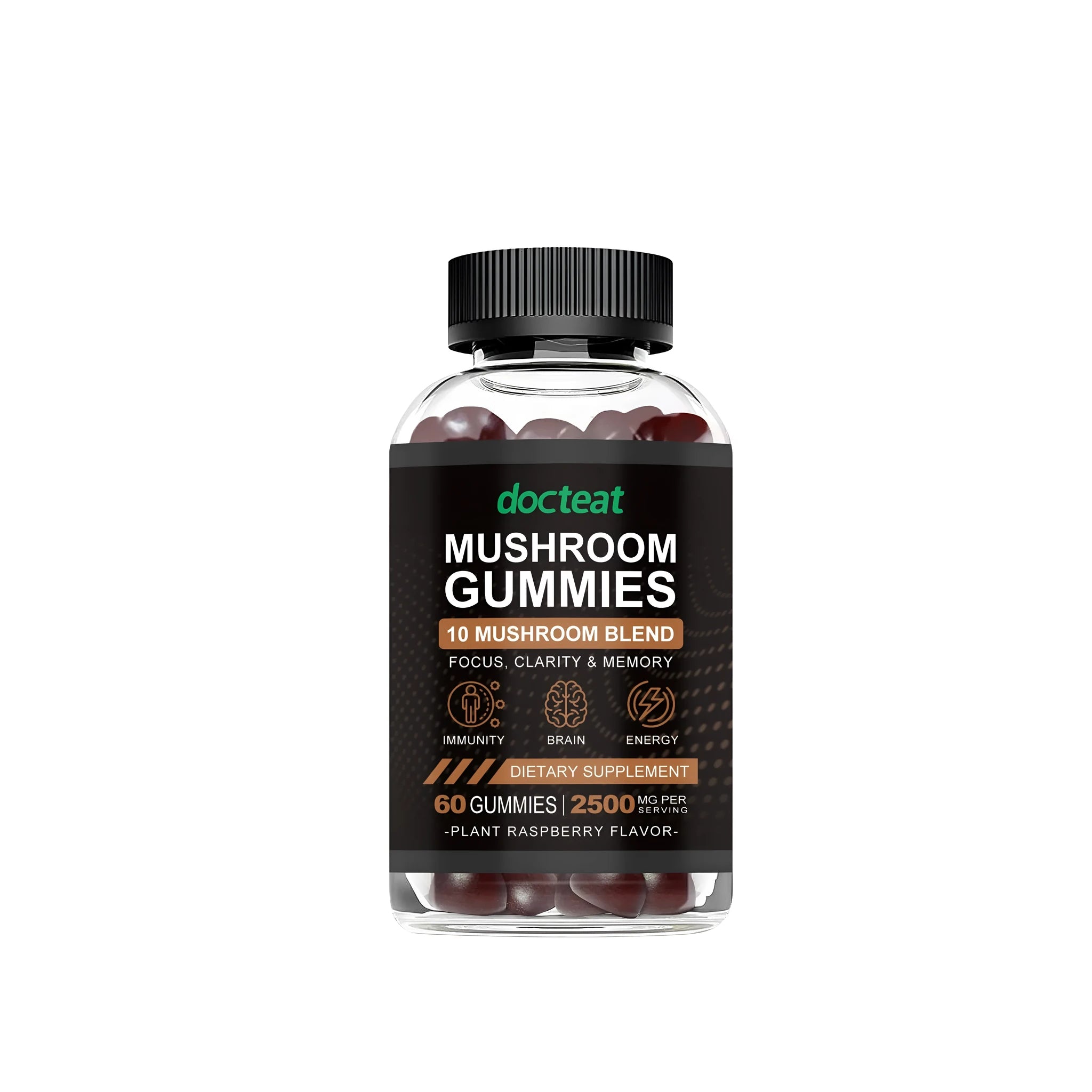 Container of 60 mushroom gummies with reishi and lion's mane extract dietary supplements