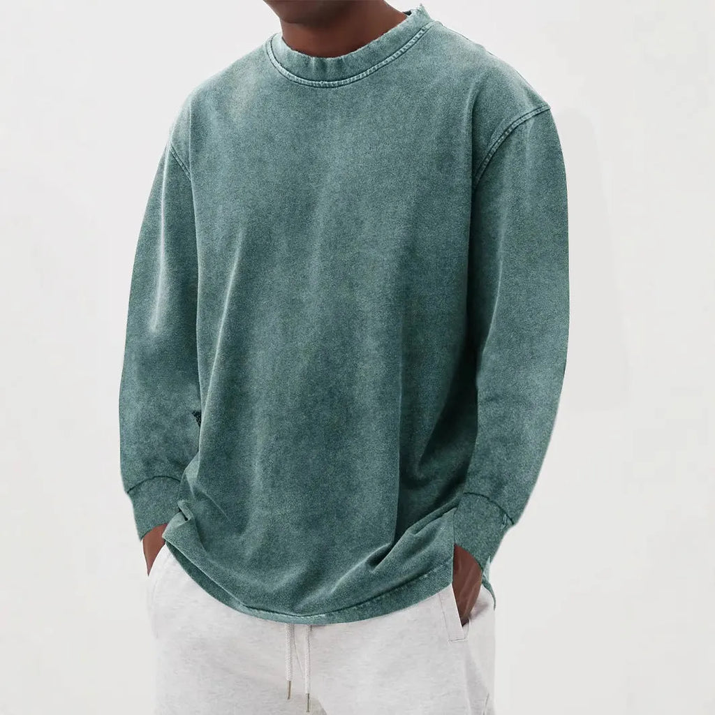 Men's washed old solid colour long-sleeved slim fit T-shirt on a hanger.