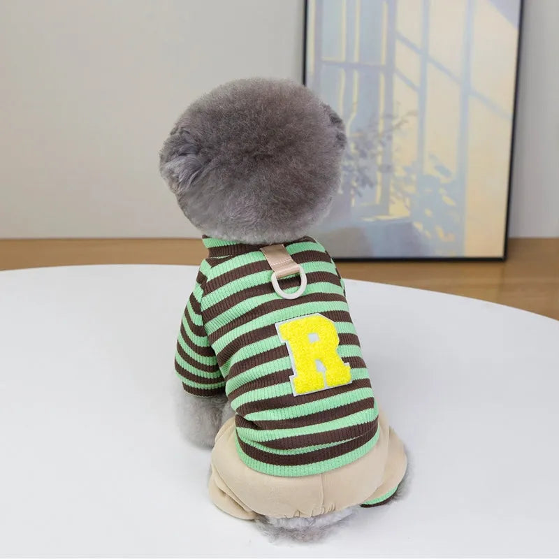 Small medium dog wearing striped four-legged hoodie jumpsuit in black beige colour for autumn winter
